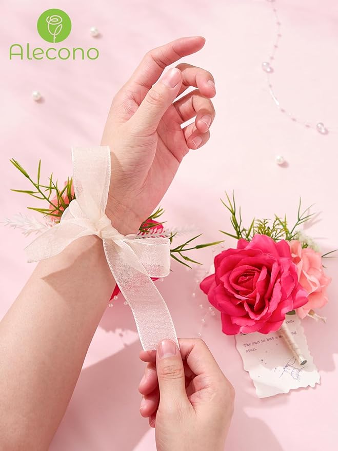 Alecono Hot Pink Corsage and Boutonniere Set, Corsages for Bride Bridesmaid Groom Bridegroom, Artificial Flowers for Prom Graduation Ceremony Anniversary