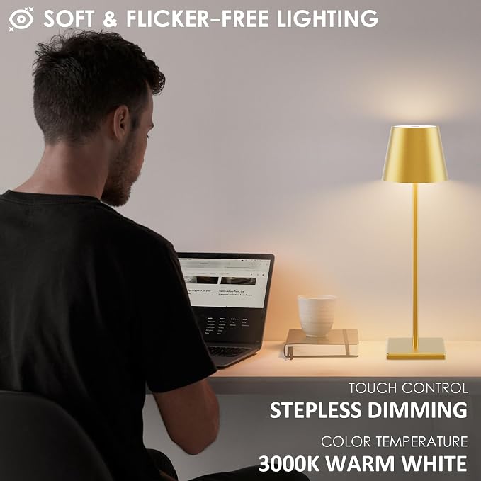 2-Pack LED Cordless Table Lamp 5000mAh Rechargeable Battery Operated Stepless Dimmable Portable Lamp for Restaurant, Bedroom, Outdoor (Gold)