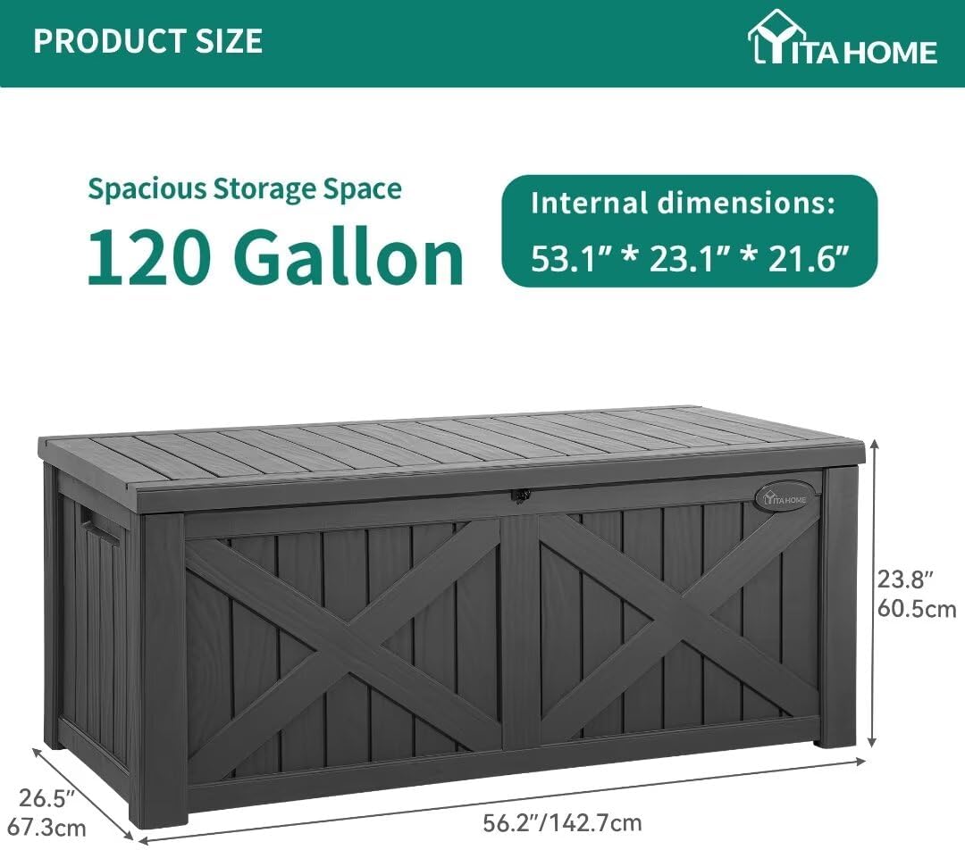 YITAHOME 120 Gallon Large Deck Box with X-Shaped Front, Resin Outdoor Storage Boxes, Waterproof Cushion Storage Bench for Patio, Pool Supplies, Garden Tools - Lockable, Dark Gray