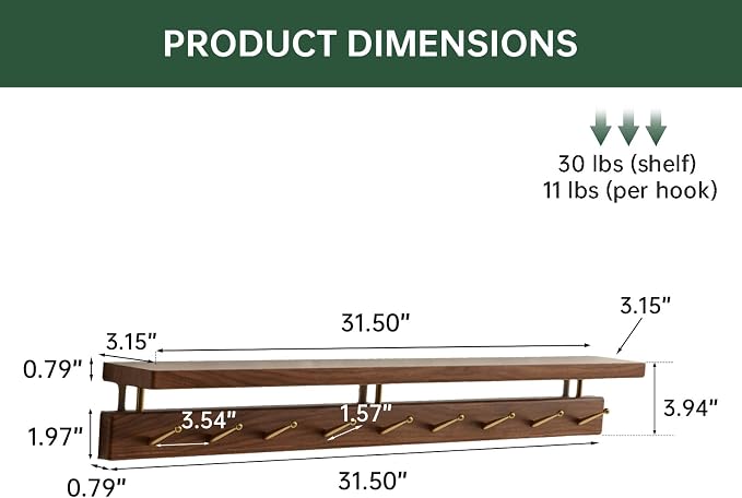 Walnut Wall Hooks with Shelf, Coat Rack Wall Mount, Entryway Hanging Shelf with 9 Brass Hooks for Hats, Clothes, Towels, Bags, Black Walnut Wood, Natural