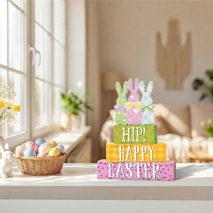 Smile Wooden Easter Decoration Sign, "Hip! Happy Easter" Wooden Block Stack with Bunny Silhouettes, Pastel Tiered Tabletop Decor for Spring & Easter