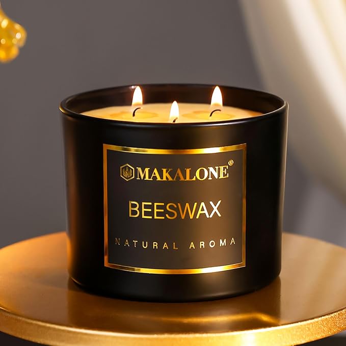 3 Wick Beeswax Jar Candle - 42 Hour Long Lasting Burn,Natural Air Purifying Candle,Non-Toxic,Smokeless Beeswax Candles in Glass Jar for Home Fragrance,Yoga Relaxation & Home Decor Ambience & Gift