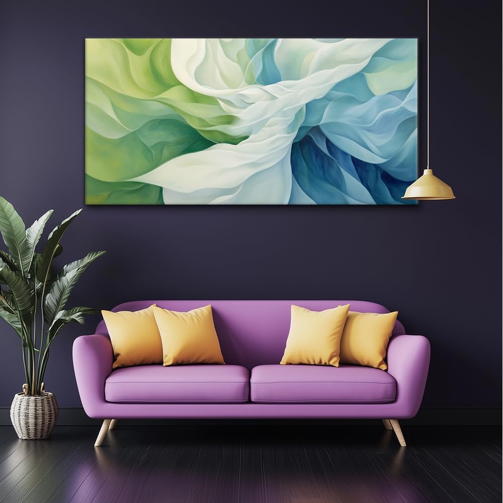 LASMOND Abstract Lines Wall Art for Living Room Canvas Prints Aqua Turquoise Blue Green Artwork Paintings Decor Bedroom Office Girl Woman (46x23 Inches)