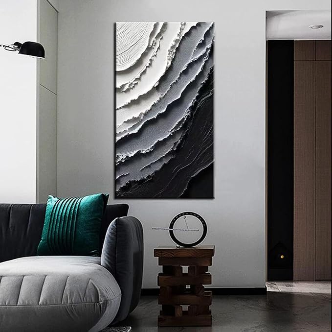 YaSheng Art -Canvas Wall Art Handmade Art Modern Abstract Wall Art, Black and White Gradient Canvas Paintings, Large Vertical Wall Art for Living Room Bedroom Office Wall Decor , 24x48inch Ready to Hang