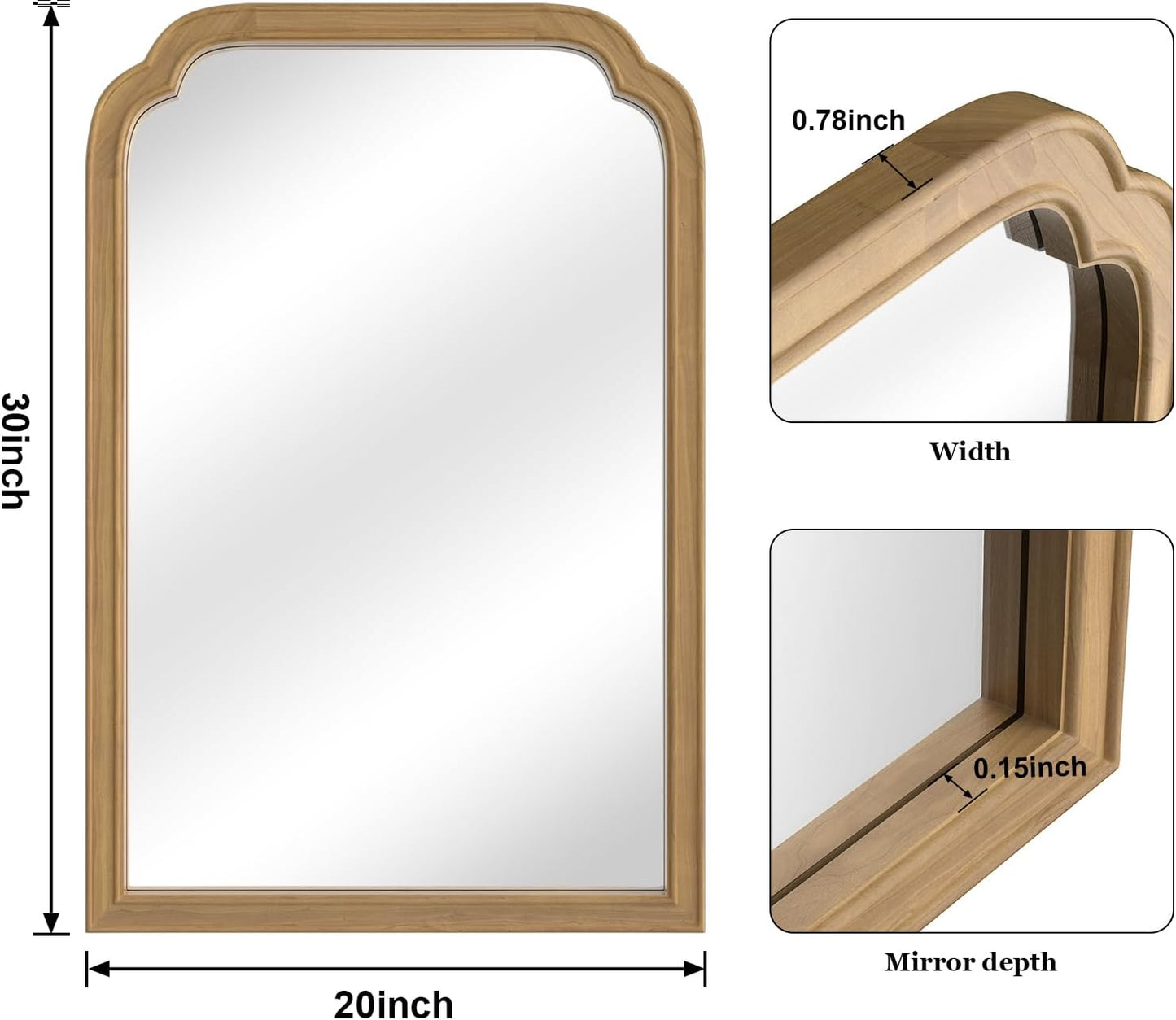 WallBeyond Wood Frame Wall Mirror Rounded Corner Arch Rectangle Mirror for Entryway, Living Room or Bedroom Home Decor - Light Woodgrain [20" x 30" Natural Color]