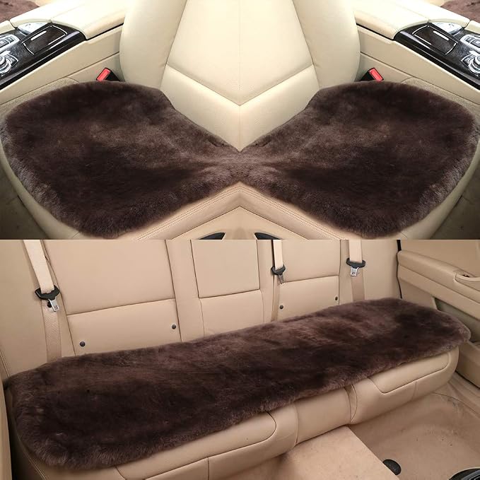 OGLAND Fuzzy Genuine Sheepskin Car Rear Seat Cover for Kids Dogs Pets Auto Bench Back Cushion Interior Accessories with Soft Fluffy Wool Natural Fur, Teak Brown