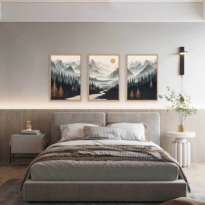 Watercolor Misty Forest Framed Canvas Wall Art Set, Foggy Mountain Wall Decor, Misty Pine Tree Wall Painting, Large Nature Landscape Art Prints for Living Room, Bedroom, Office - 24"X36"X3