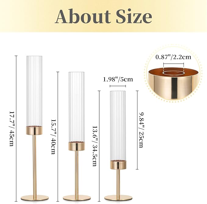 Hewory Gold Hurricane Candle Holders: 12 PCS Tall Taper Candlestick Candle Holders Bulk for Candlesticks Candle Sticks Holder Decor for Table Centerpiece Wedding Party Christmas Decorations