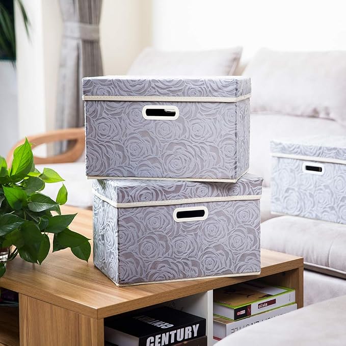 PRANDOM Collapsible Storage Boxes with Lids Fabric Decorative Storage Bins Cubes Organizer Containers Baskets with Cover Handles Divider for Bedroom Closet Living Room 14.9x9.8x9.8 Inch 1 Pack