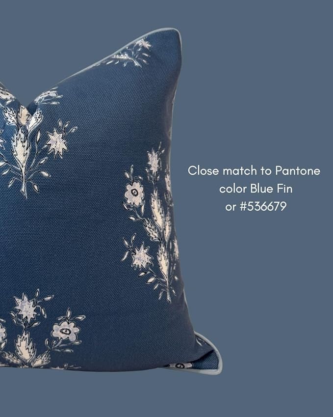 Jillien Harbor “The Norfolk” Dark Blue & White Floral Block Print Pillow Cover – Dark Blue Decorative Throw Pillow Cover – Grandmillennial Home Decor, 20" x 20"