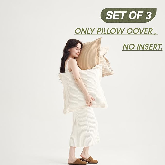COCO TOP Pack of 3 Large Throw Pillow Cases 24x24inch, Soft Striped Corduroy Neutral Earth Tones Pillow Covers for Sofa, Cozy Decor for Bedroom, Lounge, Outdoor Settings（Camel, Beige & White）