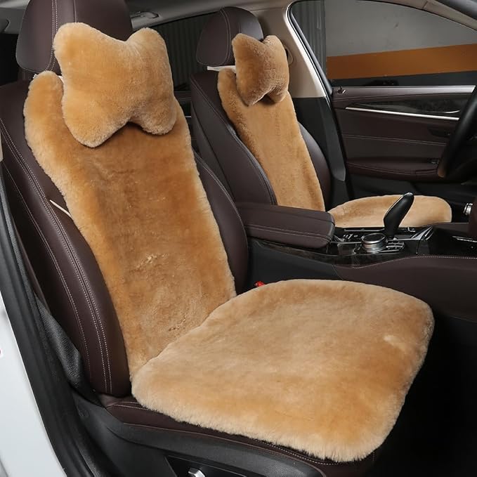 OGLAND Fuzzy Fluffy Fur Sheepskin Universal Car Seat Cover for Auto Soft Cozy Plush Wool Seat Cushion Accessories Automobiles (Honey Beige, 3 Pack Front)