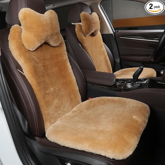 OGLAND 2 Pack Fur Fuzzy Sheepskin Car Seat Covers for Universal Auto Plush Seat Cushion Accessories Automobiles (Honey Beige)