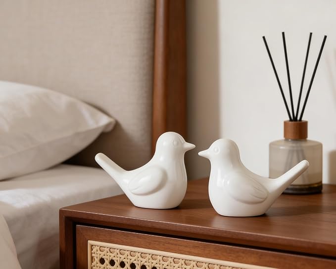 Small White Bird Statue Ceramic 2-Piece Set, 3¾ inch Cute Knick Knack for Home Office Shelf Desk Decor