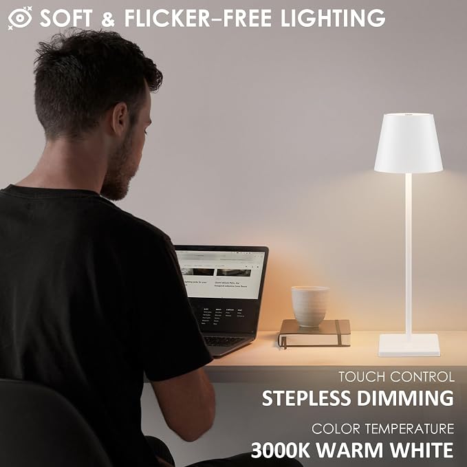 4-Pack Rechargeable Table Lamps, LED Cordless Table Lamp, 5000mAh Battery Operated Table Light, Stepless Dimming Portable Table Light Waterproof for Restaurant/Indoor/Outdoor (White)