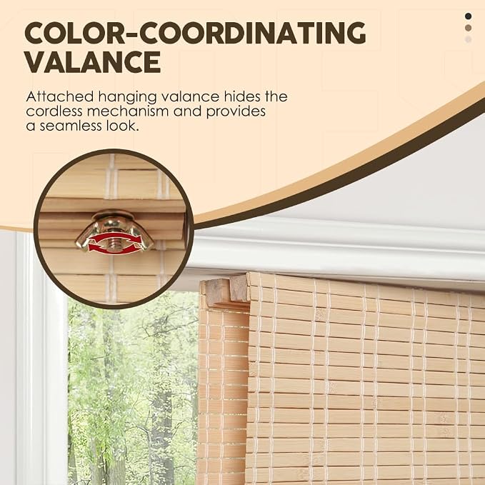 Cordless Bamboo Roman Shades, Light Filtering Bamboo Shades Blinds Window Treatment Roll Up Blind for Windows, 26" W x 64" H, Beige