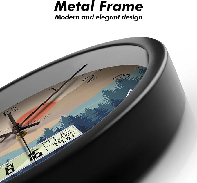 12 Inch Wilderness Sunset Wall Clock, Silent Non-Ticking Battery Operated Analog Clock with LCD Date, Day & Temperature Display, Modern Wall Clock for Living Room, Home Office, Bedroom, Farmhouse