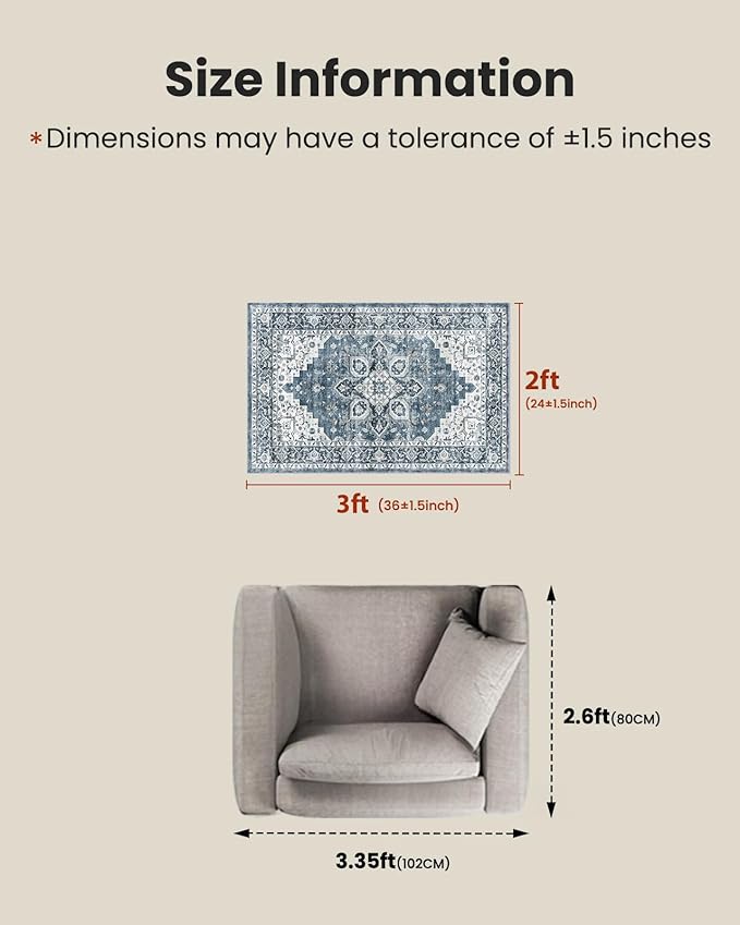 AMADA HOMEFURNISHING 2x3 Washable Area Rug, Low-Profile Entryway Rug with Non-Slip Backing & Durable Edge Binding, Vintage Rug Pattern, Small Rugs for Entryway, Kitchen & Living Room