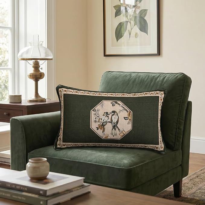 ISAENNE Vintage Linen Rectangle Throw Pillow Cover,Set of 2,20"x12"-Murad E | Designer French Green Pillow Cover,Concealed Zipper Design,Floral and Bird Pattern,Sofa,Bedroom,Living Room,Lounge Chairs