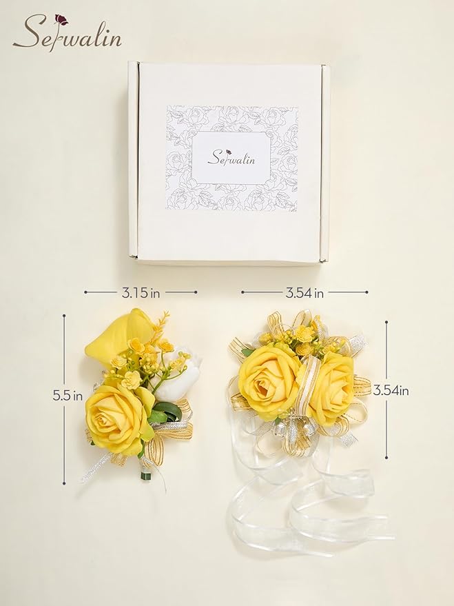 Serwalin Yellow Prom Corsage and Boutonniere Set, Artificial Calla Lily & Rose Wrist Corsage Wristlet for Homecoming, Formal Dance, Wedding Flowers Accessories Party Suit Decorations