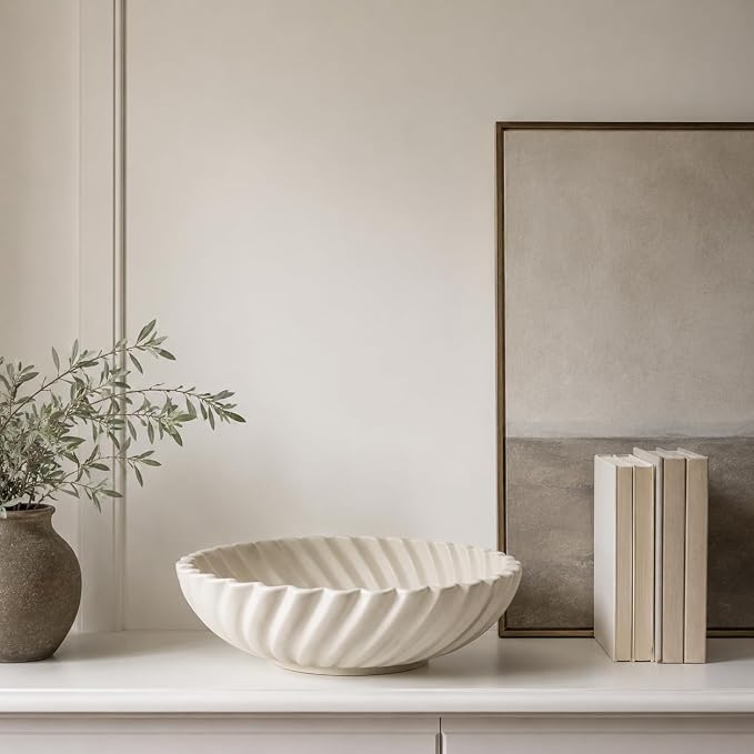 10'' Ceramic Decorative Bowl - Stylish Fruit Bowl for Kitchen Counter - Key Bowl for Entryway Table Decor - Large Decorative Bowls for Home Decor - Modern Home Decor Accents White