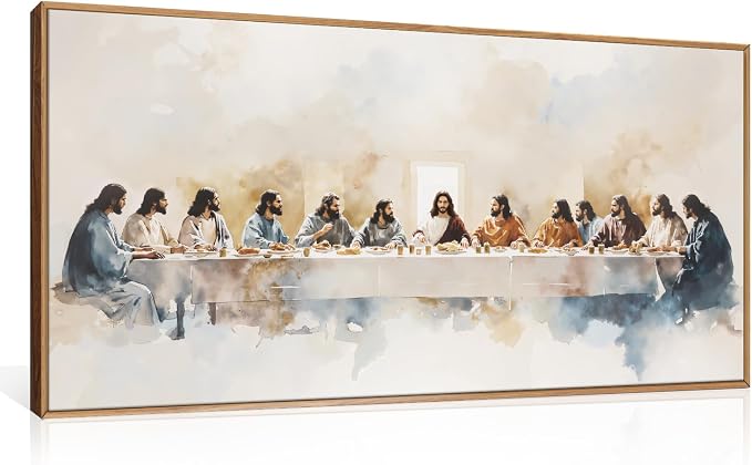 DRACIT Large Watercolor Jesus Last Supper Scene Framed Canvas Wall Art Set,Jesus and Twelve Apostles Wall Decor,Christmas Religious Bible Story Artwork for Living Room,Bedroom,Church-20 x40