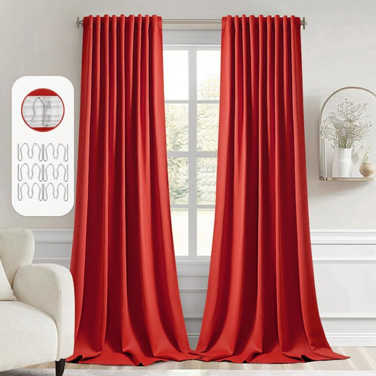 MIULEE Red Back Tab Blackout Curtains 108 Inch Long 2 Panels Set for Living Room Bedroom, Rod Pocket/Pinch Pleat Extra Long Thermal Insulated Room Darkening Pleated Light Blocking Drapes