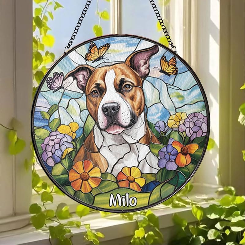 Custom Stained Glass Dog Portrait with Pet Name, Personalized Window Hanging, Pet Loss Memorial Gift, Unique Keepsake Decoration for Dog Lovers