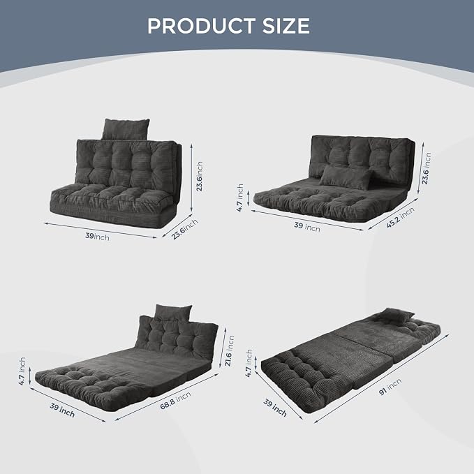 MAXYOYO Folding Sofa Bed, Tufted Bean Bag Bed with Pillows Floor Couch for Adults, Extra Thick and Long Floor Sofa, Twin Couch Bed for Bedroom Living Room, Dark Grey, 39x91 Inch
