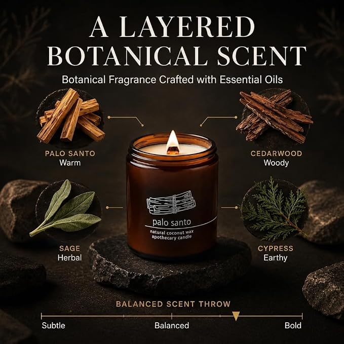 Hemlock Park Palo Santo Apothecary Scented Candle | Crackling Wood Wick, Botanical Fragrance & Coconut Apricot Wax | Up to 60 Hour Burn Time | 8 oz | Made in USA