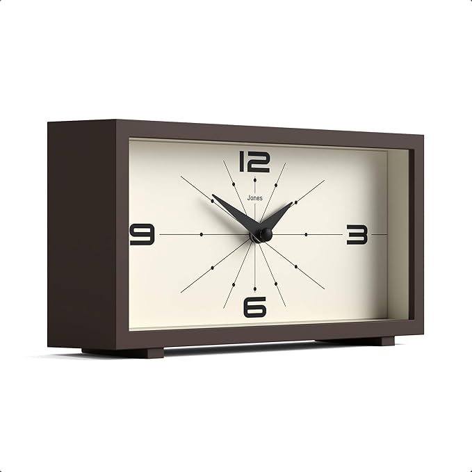 JONES CLOCKS® 'Odeon' Desk Clock | Modern Rectangular Design in Brown, Stylish Retro Look for Shelf, Table, Mantel or Bedside