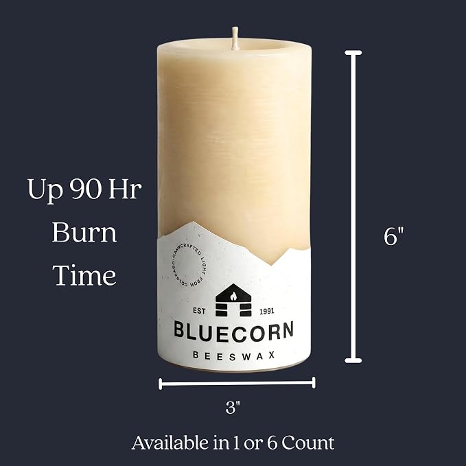 Bluecorn Beeswax 100% Pure Beeswax Pillar Candles | Ivory White 3x6 Pillar Candle Set | Non Toxic, Unscented, Clean Burning | Cotton Wick, Dripless, 90 Hr Long Burning | Handmade in USA | 6 Pack
