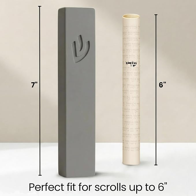 SURI Mezuzah for Door – 7 Inch Light Gray Concrete Mezuzah Case with Non Kosher Scroll, Self-Stick Jewish Entry Design, Fits a 6 Inch Scroll, Gift Box Included