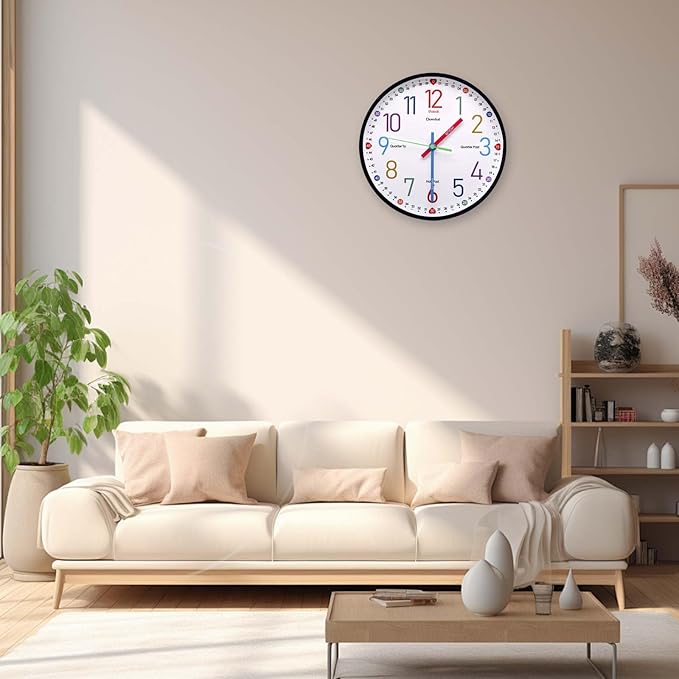 Learning Clock for Kids, 10'' Silent Non-Ticking Teaching to Tell Time Colorful Wall Clocks for Children's Room Bedroom Classroom Home Decor, Gifts for Christmas Birthday (Black)