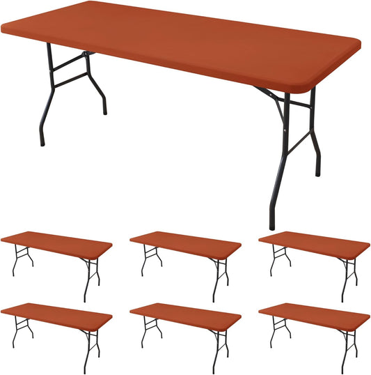 Fitted Tablecloth for 6 Foot Rectangle Tables-6 Pack Rust Elastic Outdoor Picnic Table Cover-Spandex Stretch Folding Table Cloths 6 ft for Camping Dining Room Patio Kitchen Banquet Party