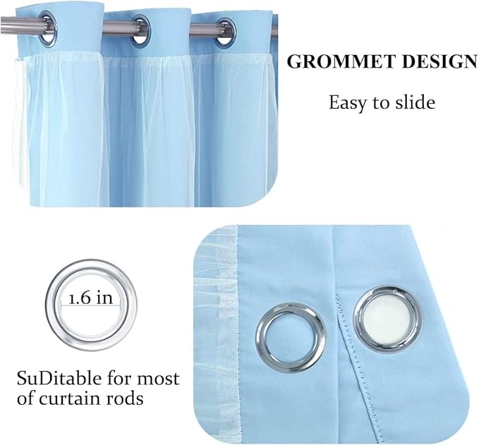 Blue Curtains 90 inch Length 2 Panels Set - Double Layered Blackout Curtain Drapes with White Sheer Voile and Lace Hem for Kids/Girls Bedroom Living Room Nursery (52x90 inch, Sky Blue)