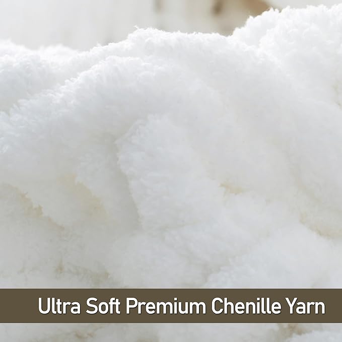 Chunky Knit Throw Blanket 60x80, 100% Handmade Chenille Yarn | 6.7lbs Soft Thick Cable Knitted Blankets, Large Rope Knot Crochet Throws for Couch Sofa Bed Machine Washable, Snow White