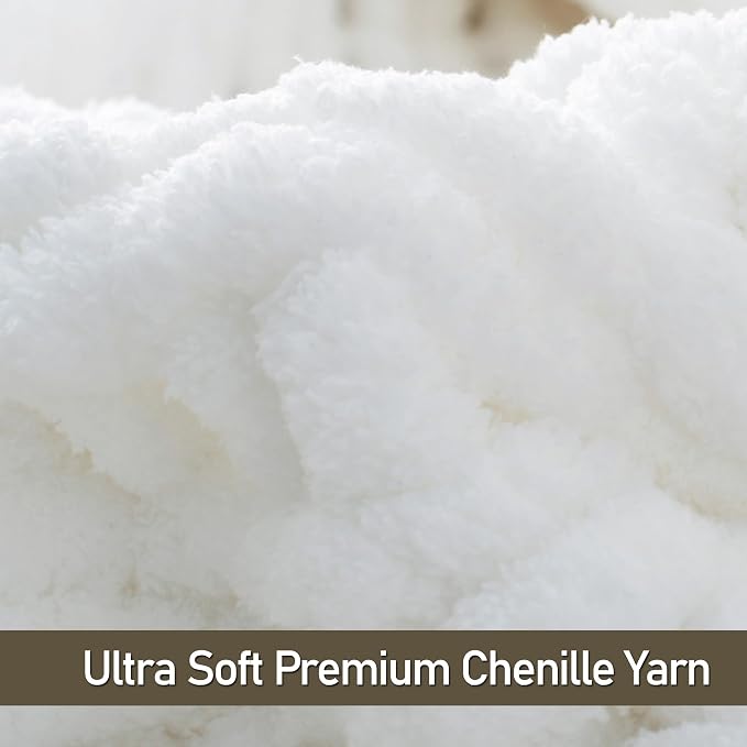 Chunky Knit Throw Blanket 50x60, 100% Handmade Chenille Yarn | 4.4lbs Soft Thick Cable Knitted Blankets, Large Rope Knot Crochet Throws for Couch Sofa Bed Machine Washable, Snow White