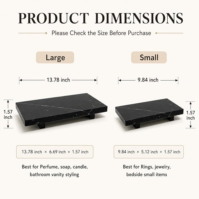 Black Marble Large Pedestal Tray for 13.8 in | Vanity Tray for Perfume, Jewelry, Keys and Candles, Catchall Tray for Bathroom Counter, Dresser and Entryway Decor