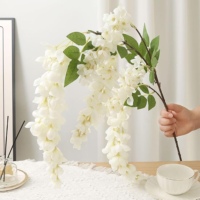 4pcs 47.2-inch Artificial Fake Wisteria Hanging Flower Garland Silk Flower String Home Party Decoration White Blue Pink Purple (White)