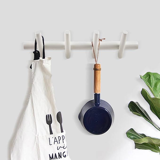 KYSMOTIC Modern Wood Coat Rack - Wall Mounted - White 4 Peg Coat Hooks - Hanging Clothes Robes Towels Hats