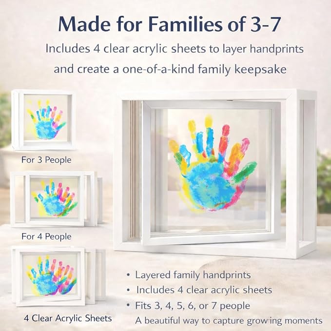 Family Handprint Frame Kit, Dual Rotating Photo & Handprint Display, DIY Keepsake Craft with Wooden Frame, Non-Toxic Paints, Baby Hand & Footprint Kit, Gift for Grandparents & New Parents (White)