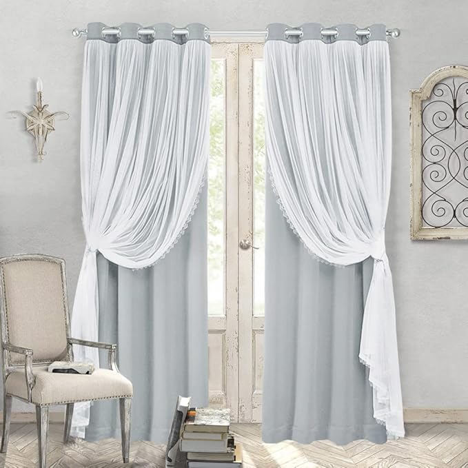 Blackout Curtains with Sheer - Sheer Linen Drapes with Grommet Window Treatment Decorations for Bedroom Living Room Nursery, 52 x 63 in, Light Grey, 2 Panels