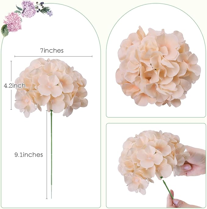 AVIVIHO 10pcs Fake Flowers Champagne Hydrangea Artificial Flowers Bulk (Not Squished, No Steaming Need) Silk Flowers with Stems for Wedding Decor,Home,Baby Shower,Table Centerpieces Decoration