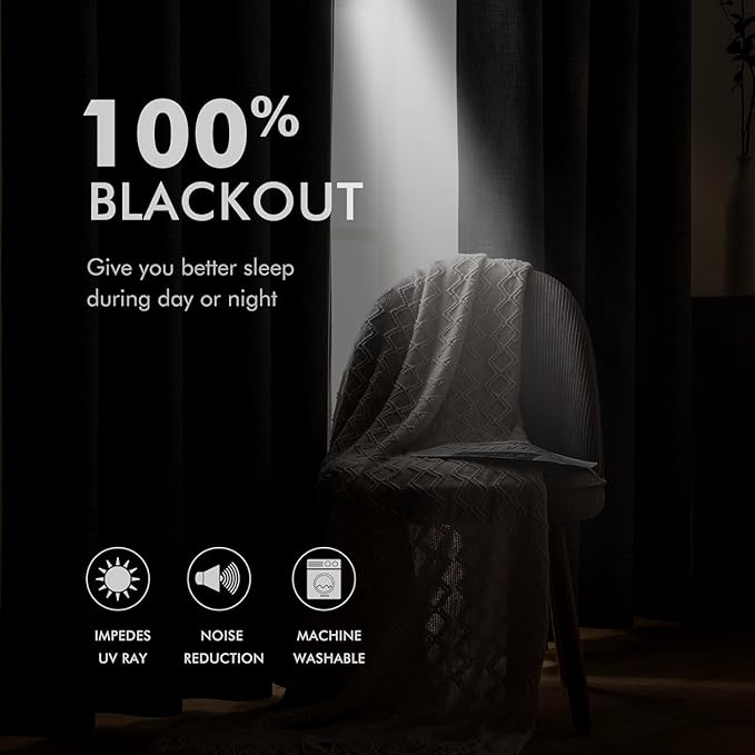MIULEE 100% Blackout Linen Textured Curtains for Bedroom Solid Thermal Insulated Midnight Blue Grommet Room Darkening Curtains & Drapes Luxury Decor for Living Room Nursery 52 x 108 Inch (2 Panels)