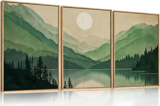 Green Boho Mountain Framed Canvas Wall Art Set, Watercolor Modern Forest Sun Wall Decor,Natural Abstract Lake Landscape Artwork for Living Room,Bedroom,Dining Room,Office-16 x24 x3