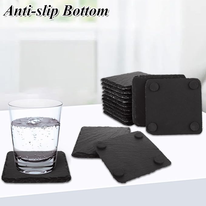 YOUNTHYE 36PCS Slate Coasters Bulk Black Stone Coasters Square Slate Coasters 4 inch Slate Stone Cup Coaster Set for Drink Bar Kitchen Home Blanks with Anti-Scratch Bottom