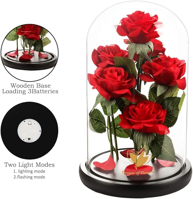 Mothers Day Rose Gifts for Women,Beauty and Beast Rose in Glass Dome with LED Light,Glass Rose Flower Gifts for Family Valentines Birthday Gifts for Women Mom Wife Girlfriend Friend Forever Red Rose
