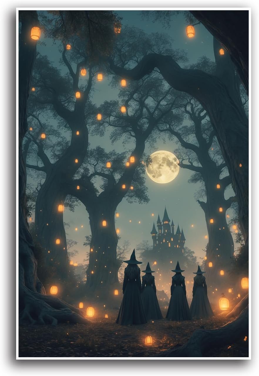 JFHCQJPK Mysterious creek painting witch and castle in magic forest art print canvas gothic print dark college decoration poster for home bedroom24x36in Frameless