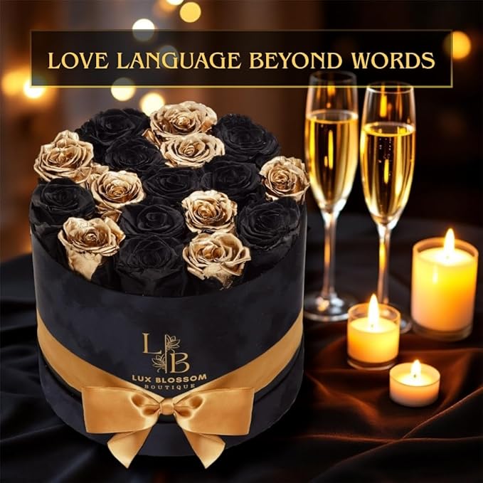 17 Black & Gold Forever Roses, Velvet Box - Luxury Black Roses for Mothers Day, Mothers Day Roses, Gifts for Women, Mother's Day Flowers for Mom, Black Roses for Delivery Prime